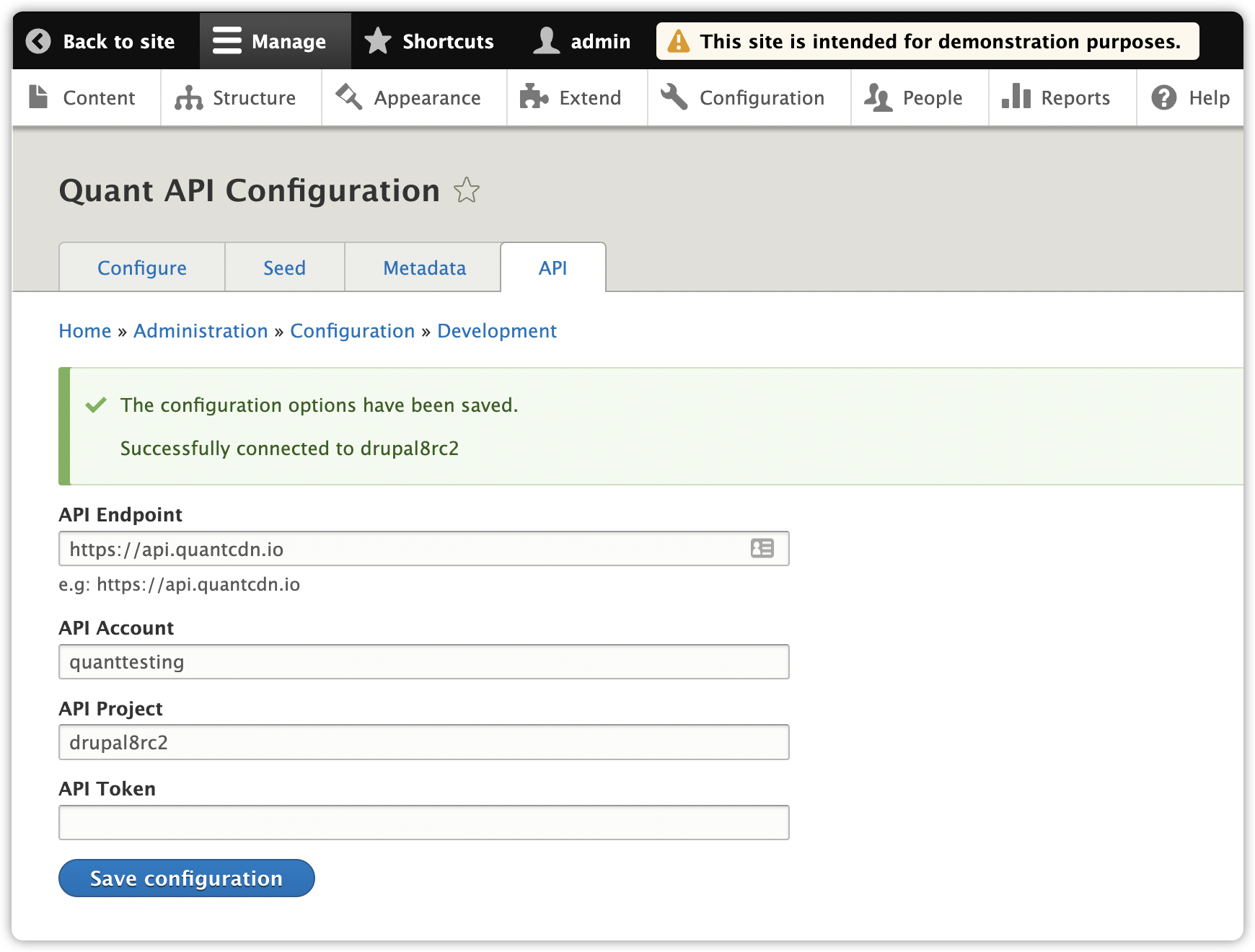 Quant Drupal 8/9 API configuration page with details