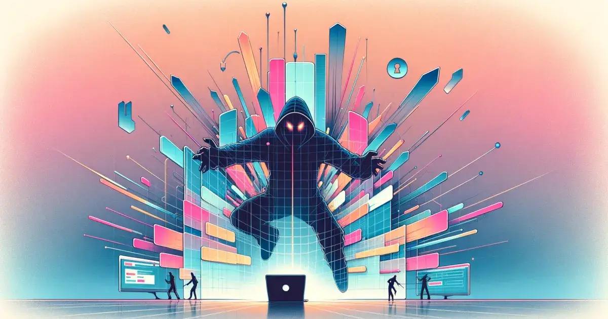 Graphic art representing a hacker trying to hack a website in pastels