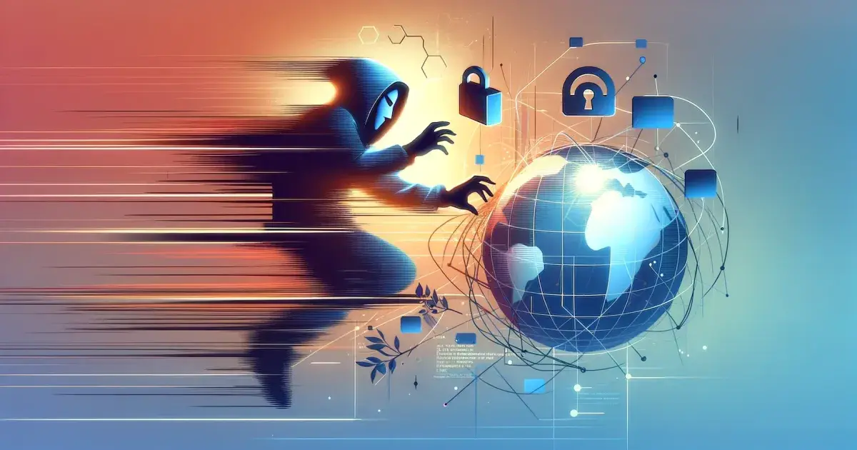 Graphic art representing a hooded website hacker with a globe in pastels