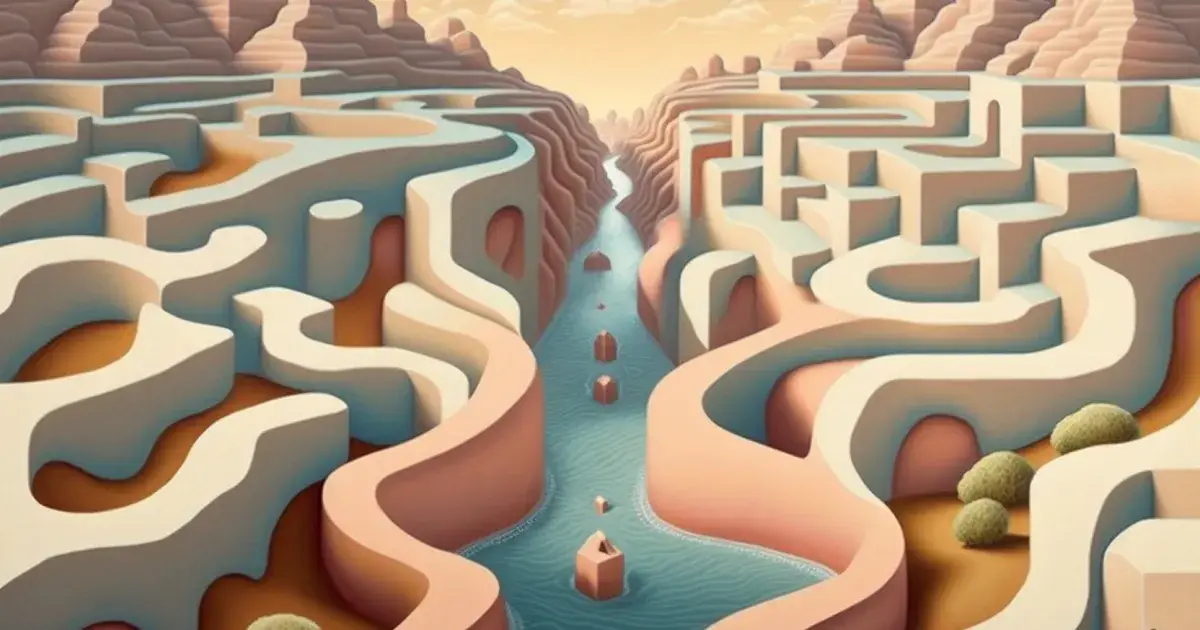 Graphic design of river flowing through a maze in pinks and oranges