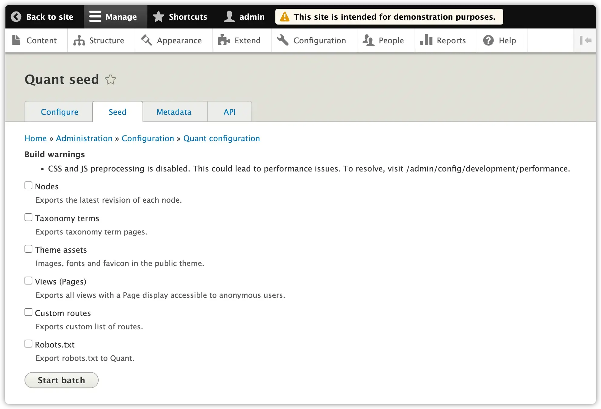 Quant Drupal 8/9 seed configuration page upon install with aggregation disabled