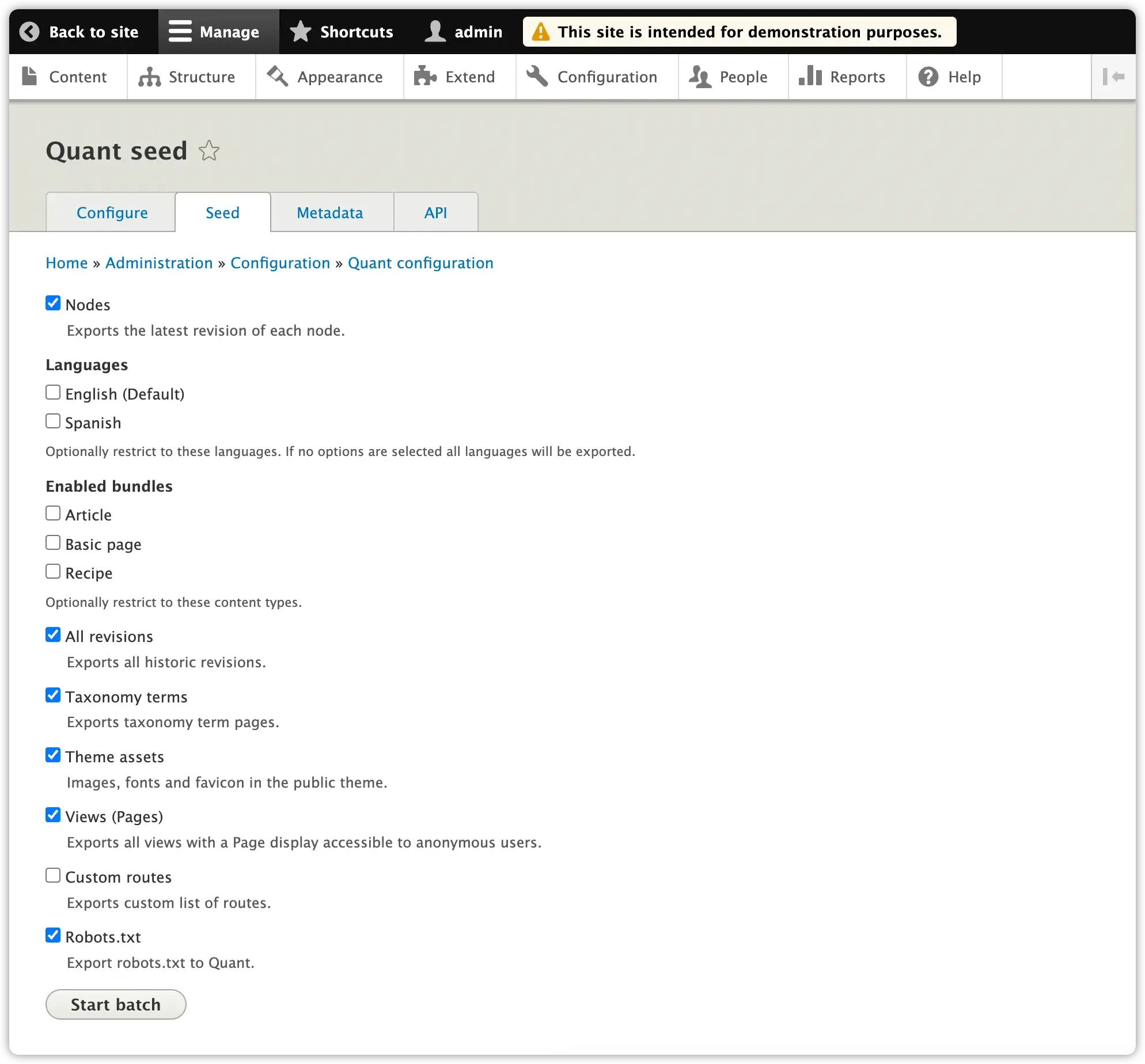 Quant Drupal 8/9 seed configuration page with details