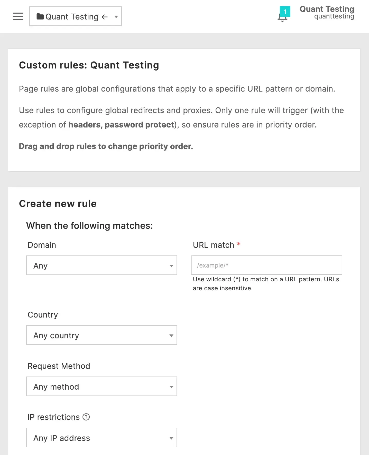 Screenshot of Quant Page Rules form for adding a new rule