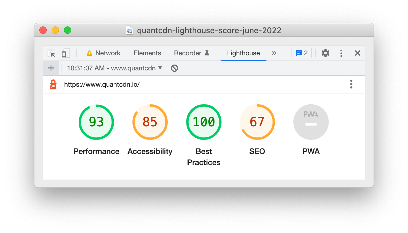 QuantCDN Lighthouse Scores June 2022 of 93, 85, 100, and 67