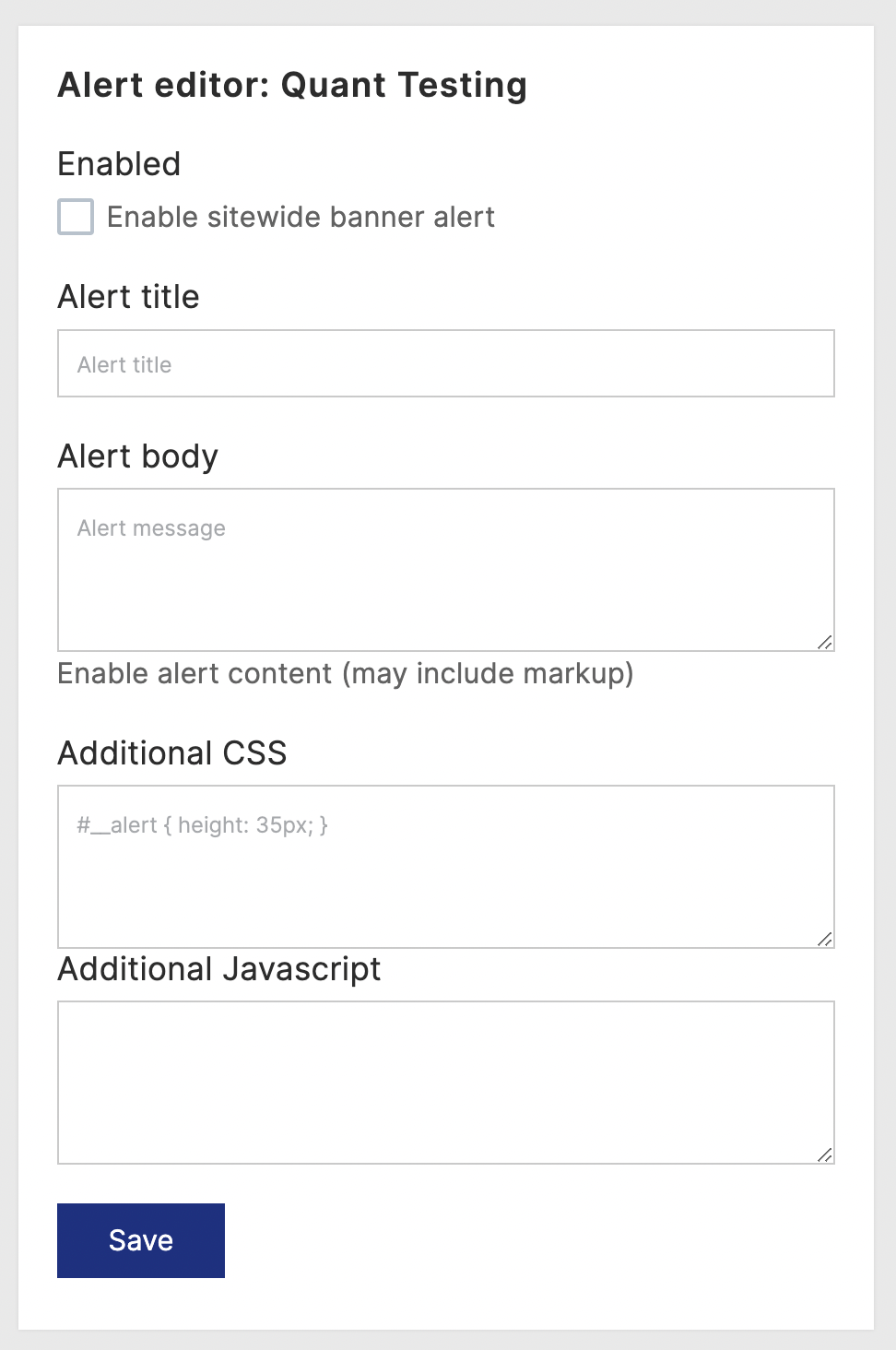 Quant Alert editor form with empty fields