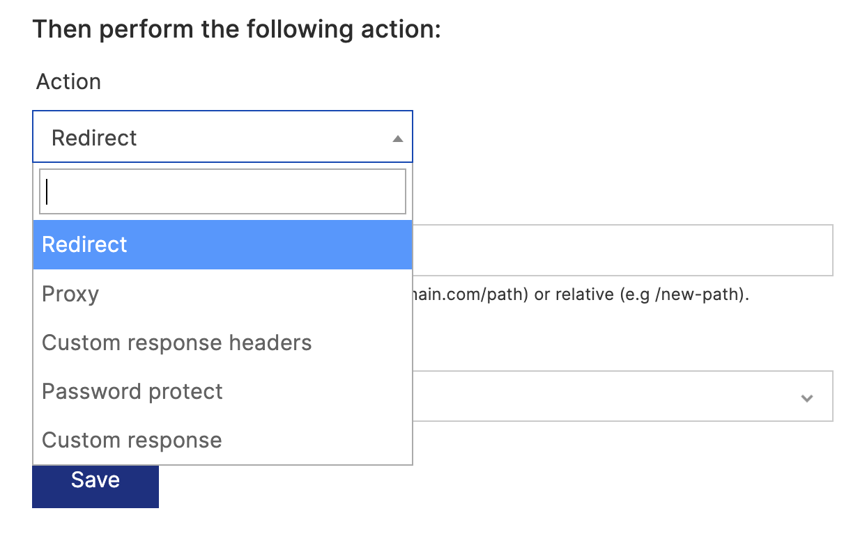 Page rules form with Action options