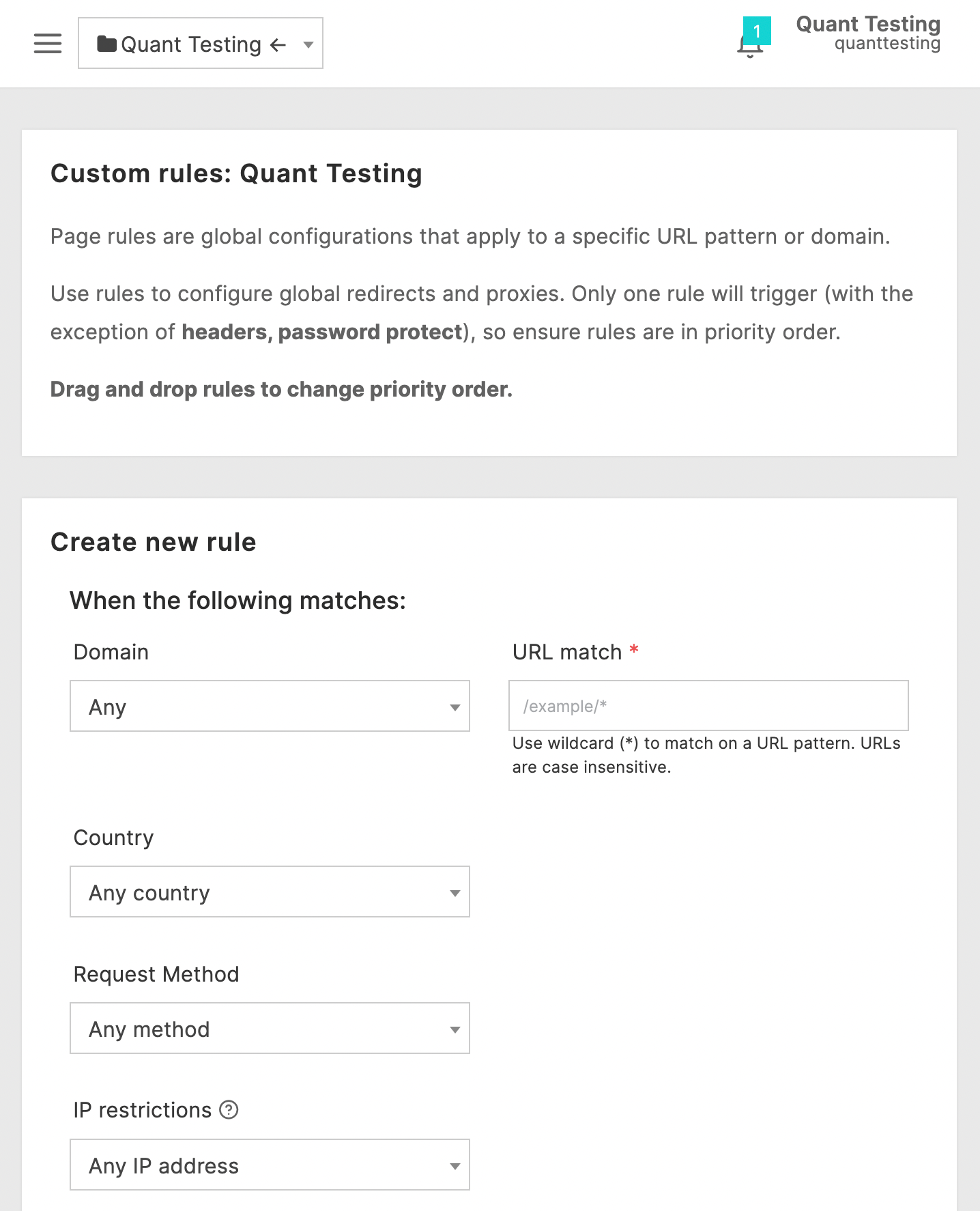 Screenshot of Quant Page Rules form for adding a new rule
