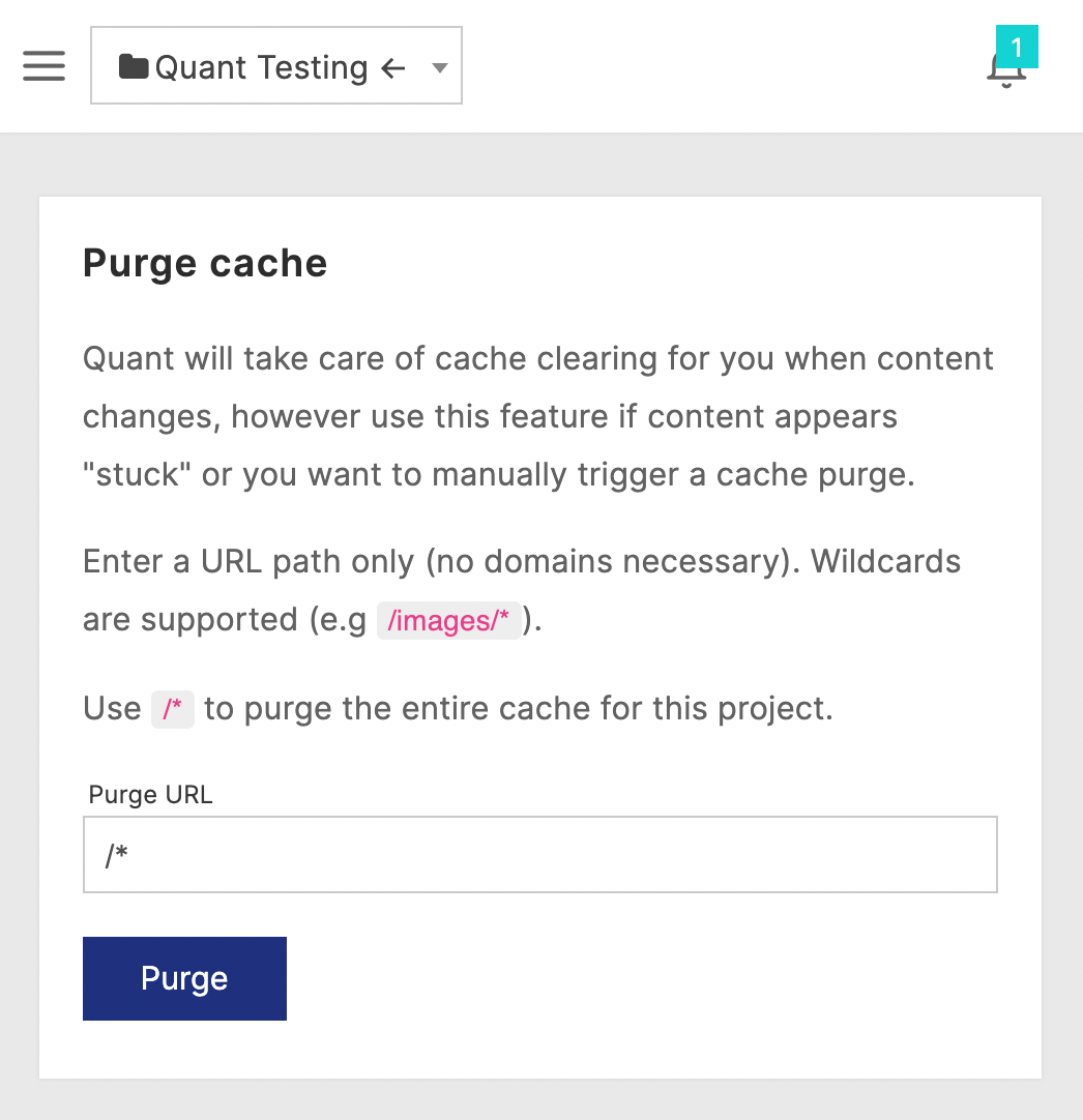 Quant Purge cache form to delete all content from cache