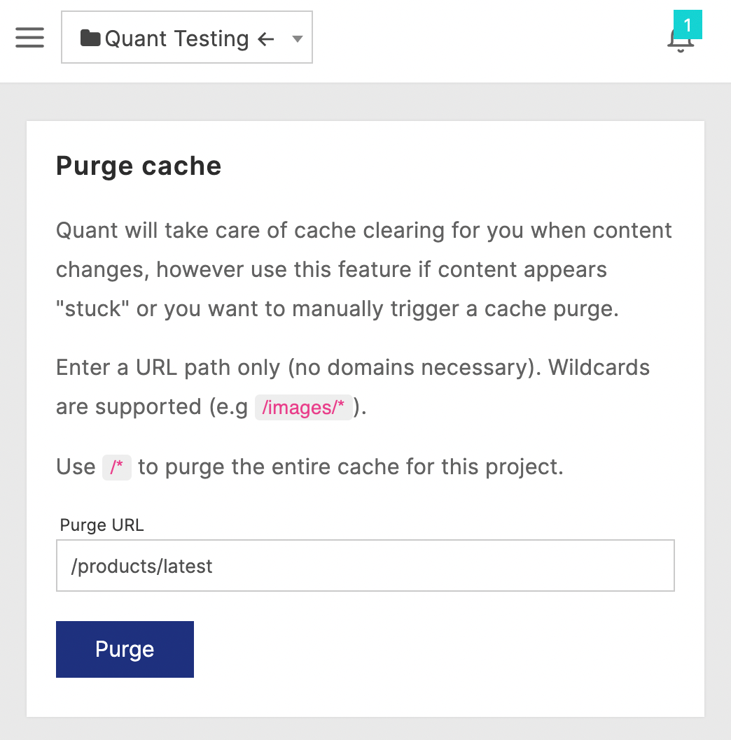 Quant Purge cache form with specific page path to delete from cache
