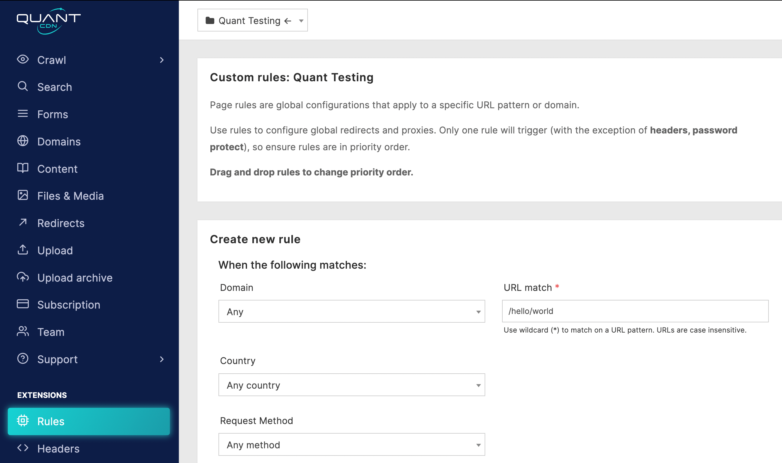 Page Rules form with URL match field and optional conditions