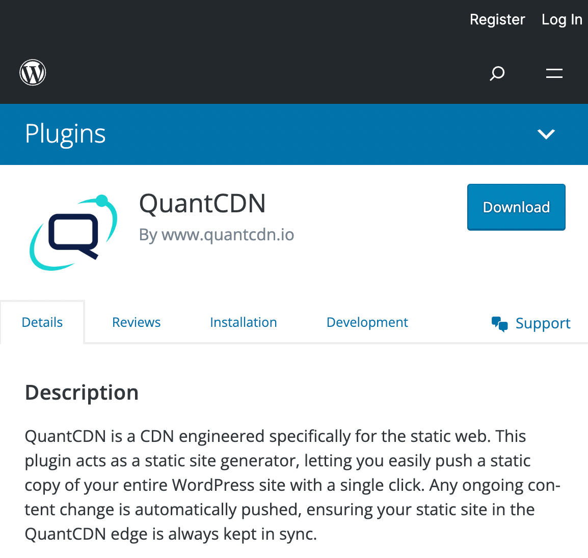 QuantCDN WordPress plugin download for creating static WordPress site