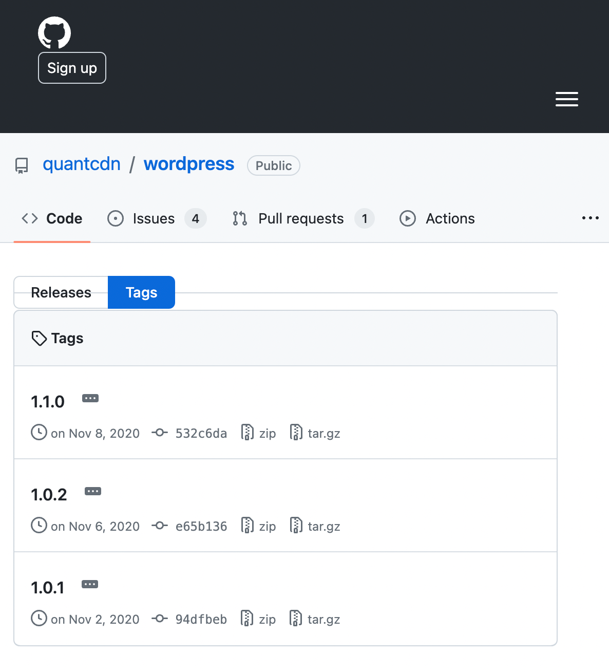 QuantCDN WordPress GitHub releases page