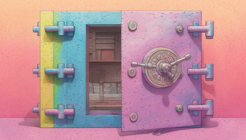 Pastel drawing of a safe that is partially open in pastel colors v1