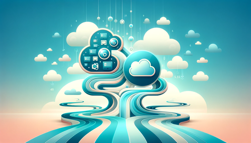 Graphic art abstract data migration with clouds and curvy paths in blues and oranges and white