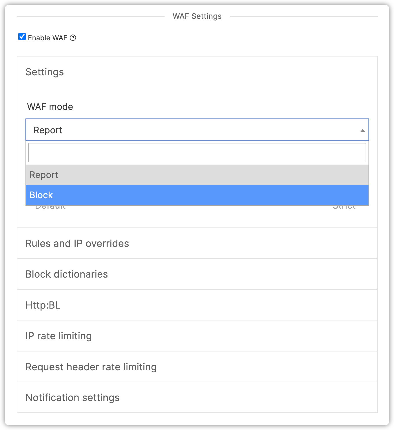 Screenshot of enabling Quant WAF and list of settings