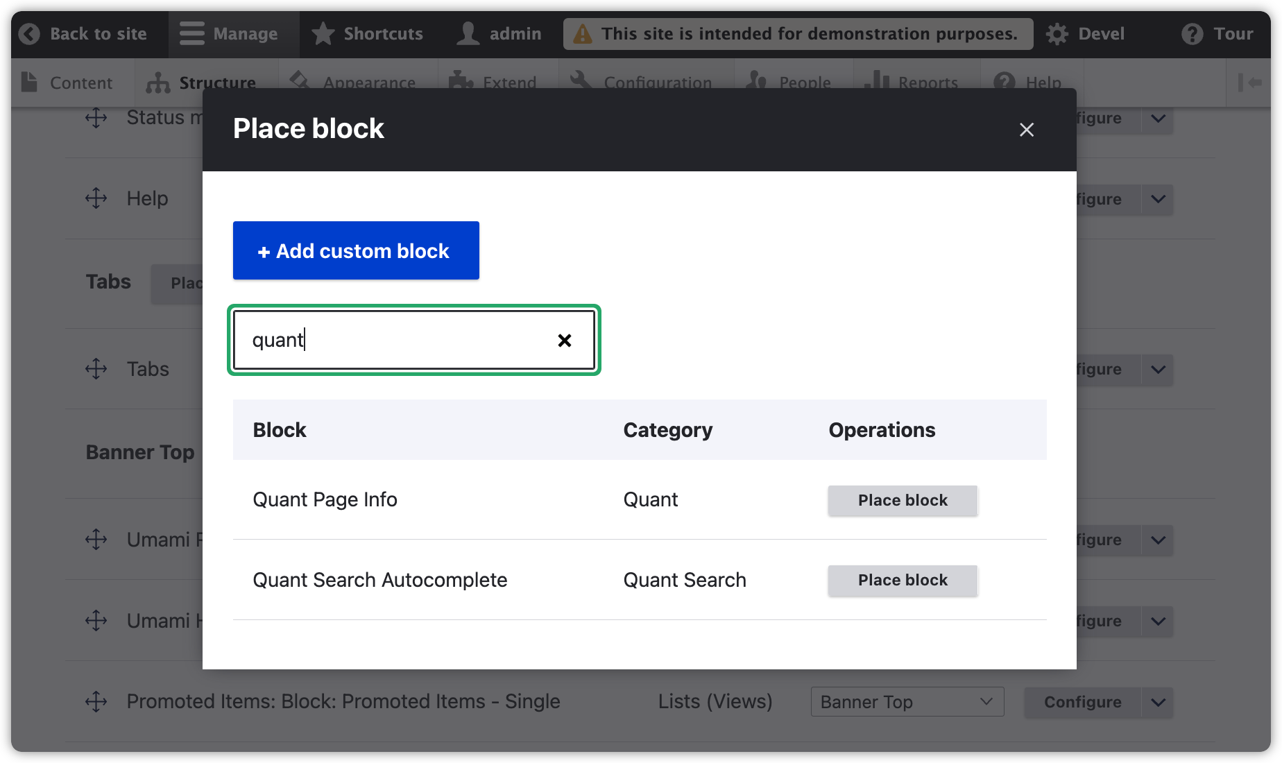 Screenshot of Quant page info block placement in block layout