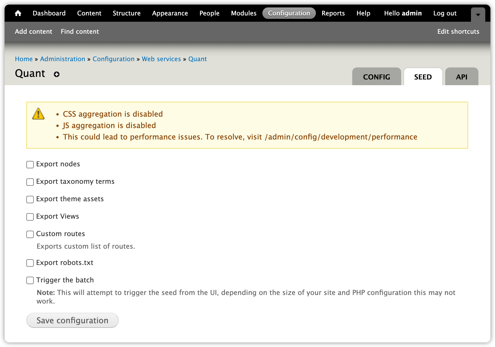 Quant Drupal 7 seed configuration page upon install