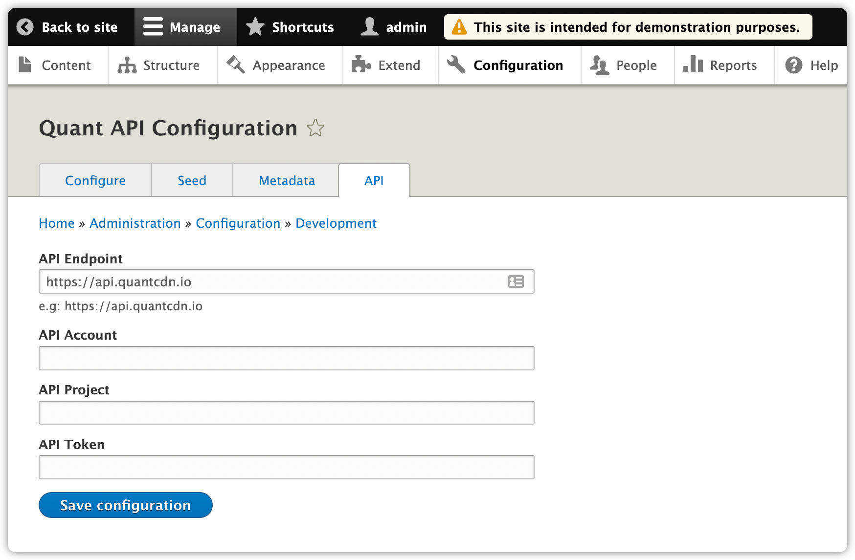 Quant Drupal 8/9 API configuration page upon install