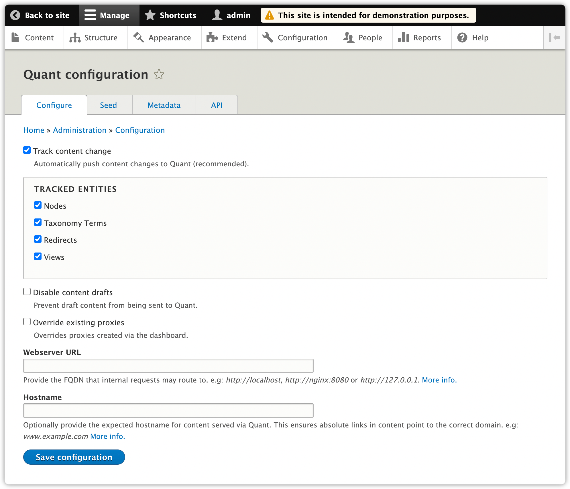 Quant Drupal 8/9 configuration page upon install