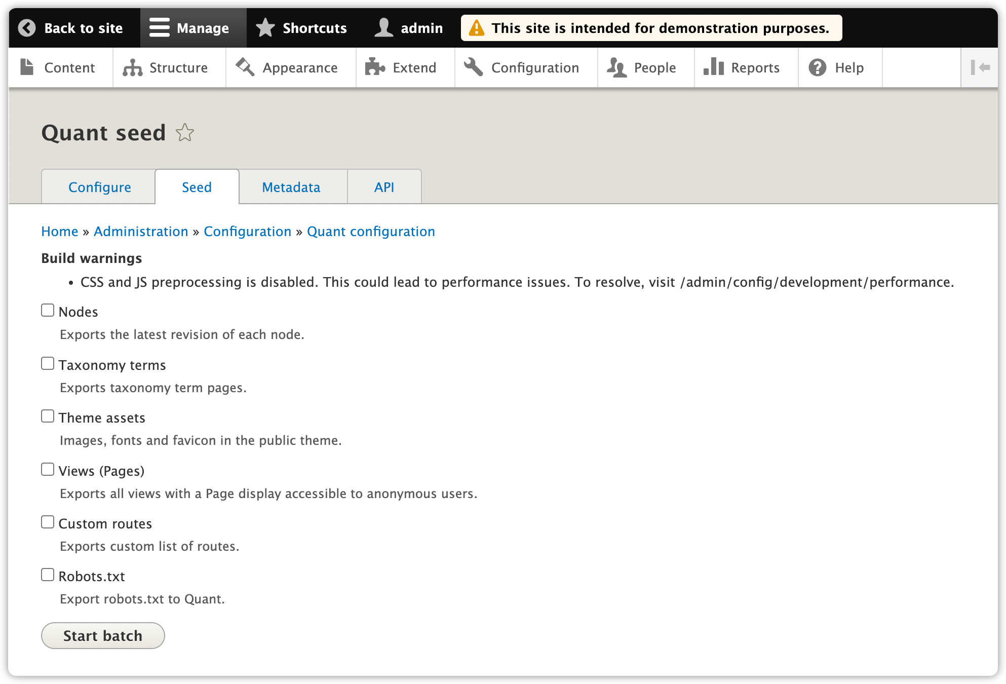 Quant Drupal 8/9 seed configuration page upon install with aggregation disabled