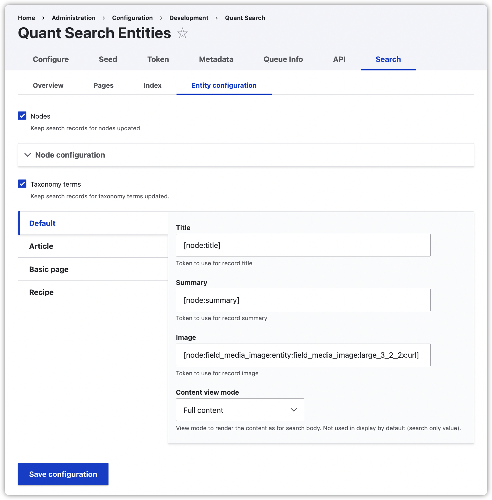 Drupal 9 Quant Search Module Entities Tab