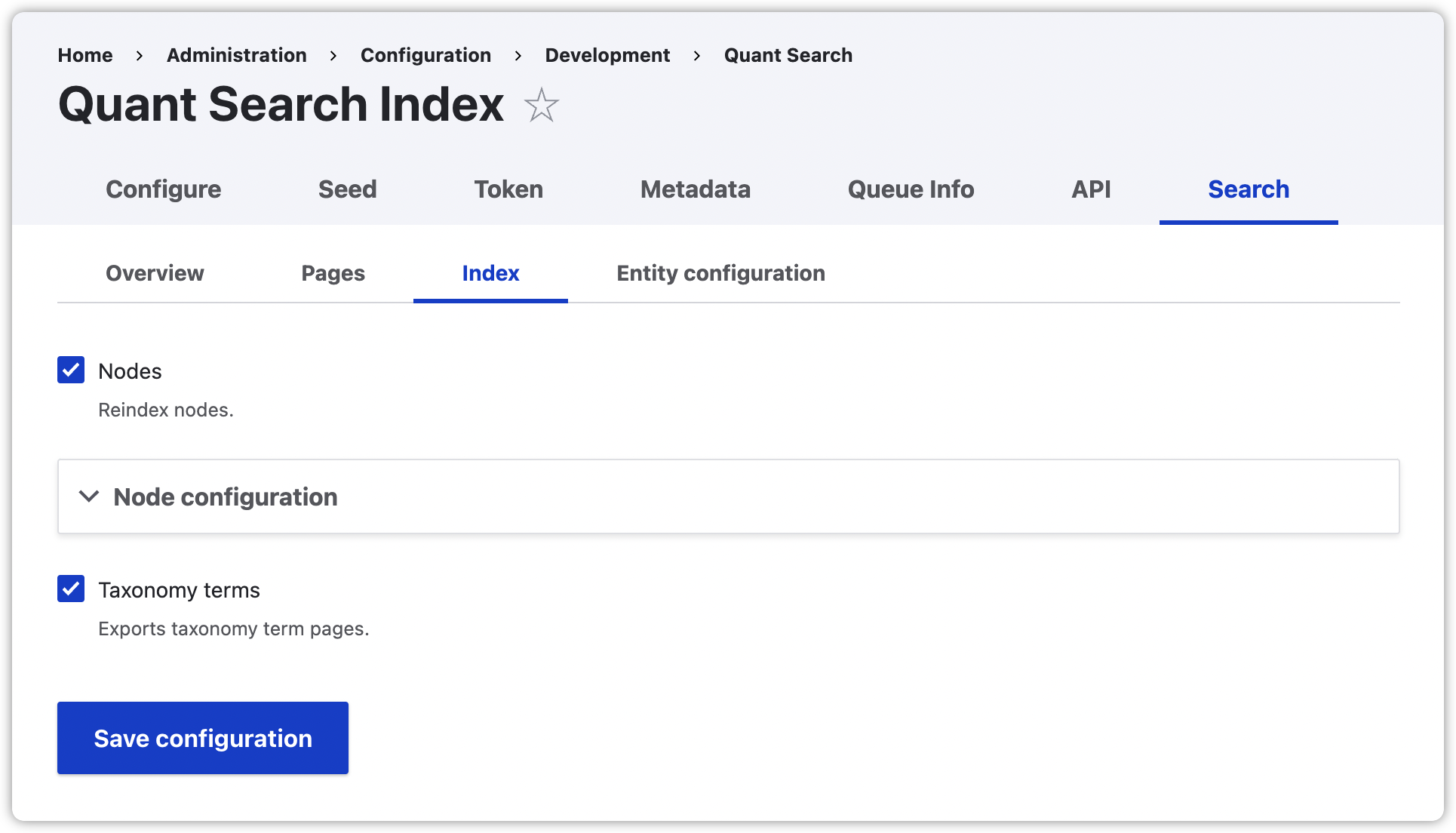Drupal 9 Quant Search Module Index Tab