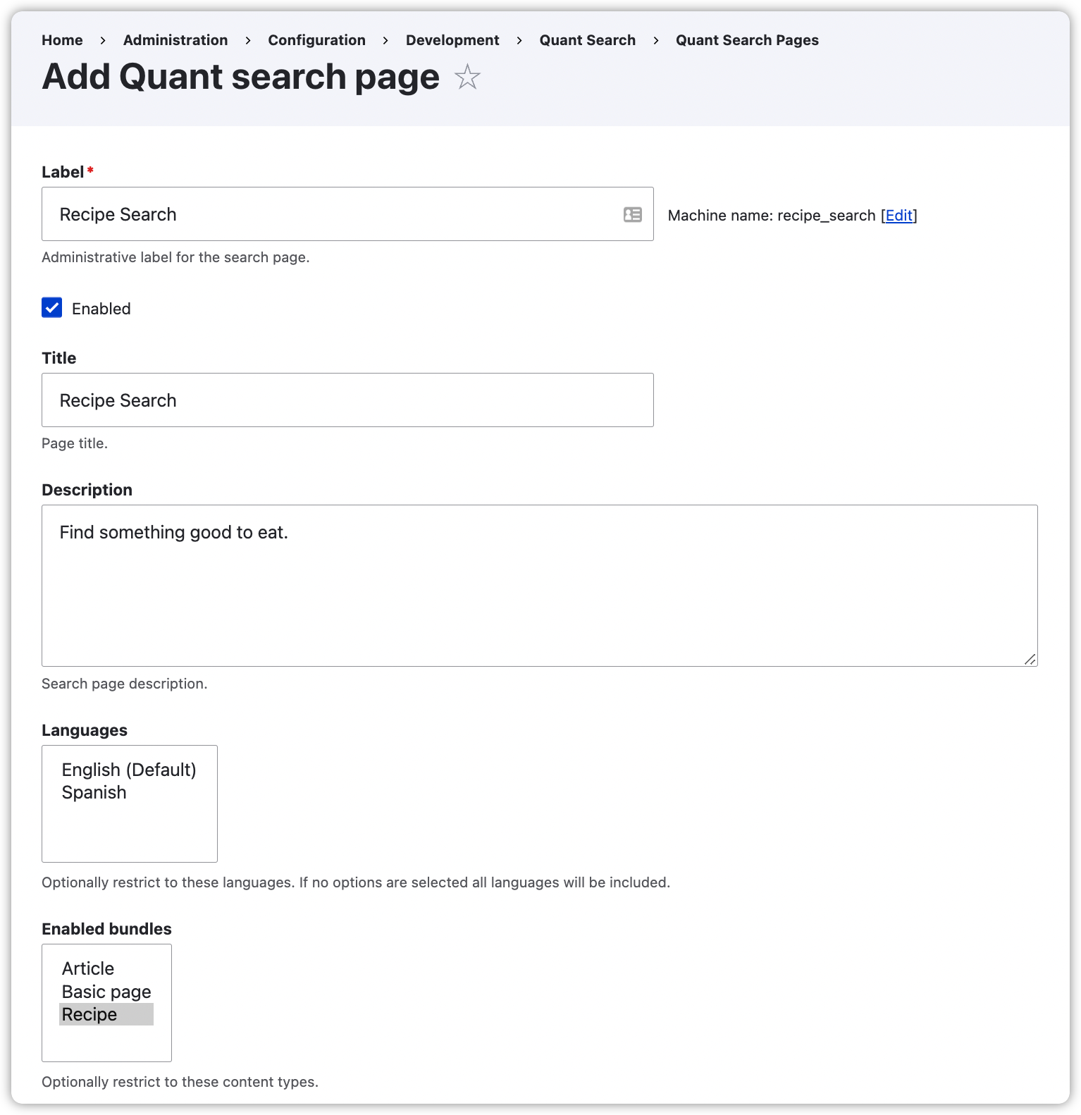 Drupal 9 Quant Search Add Search Page Details