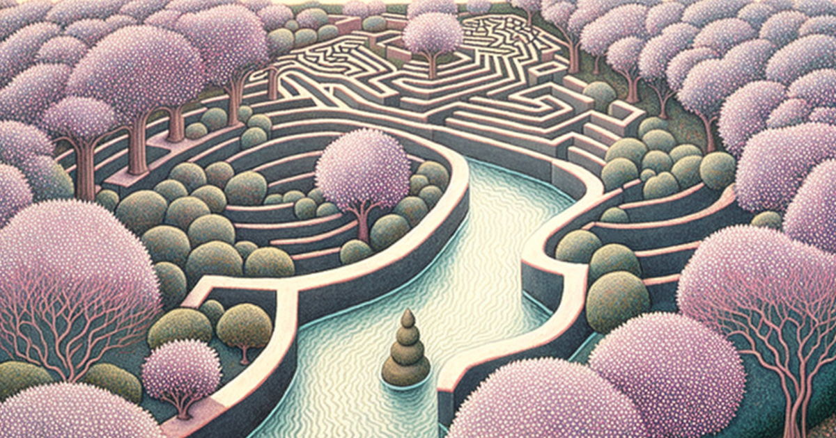 River flowing through maze v10 muted green and pinks and light blue