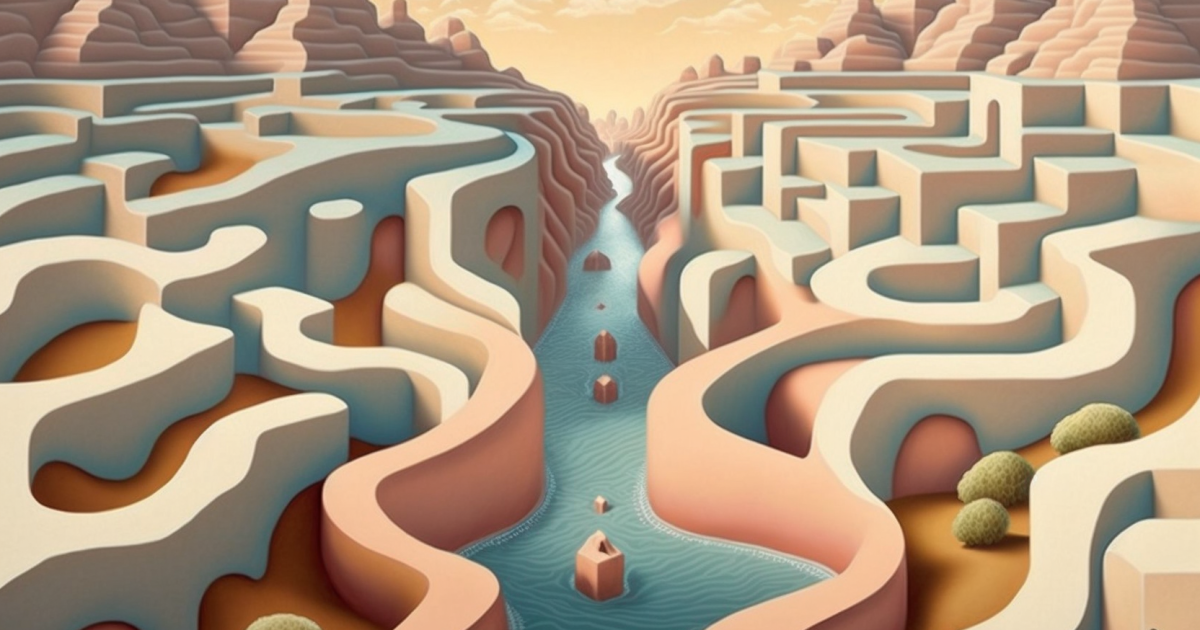 Graphic design of river flowing through a maze in pinks and oranges