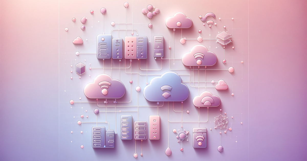 Graphic art representing cloud technologies connected together in pink and pastels