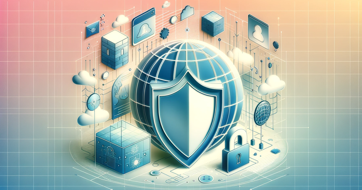 Graphic art representing website with security shield and lock in pastels